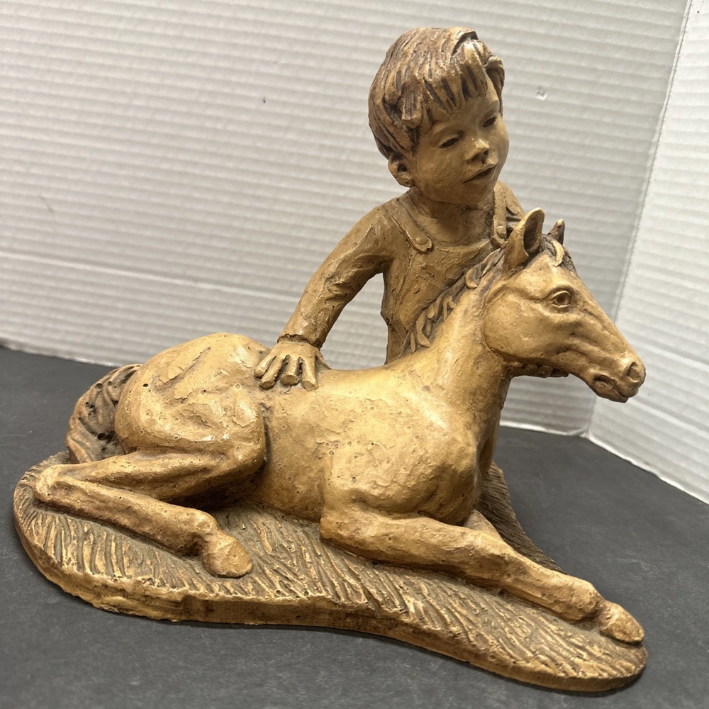 4 GIVENESS 70's SIGNED LEE BORTON "BOY AND HIS HORSE" CLAY SCULPTURE. SEE PHOTOS